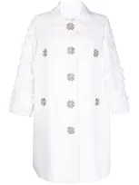 Andrew Gn Crystal-button Lace Sleeve Linen-silk Evening Coat In White