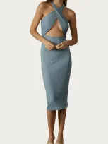 Endless Blu. Cross-front Cutout Stretch-modal Midi Dress In Denim Grey In Blue