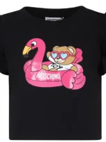 Moschino Kids' Black T-shirt For Girl With Teddy Bear And Flamingo In Nero