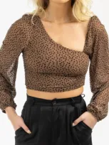 Endless Blu. Dotted Asymmetric Ruched Top In Brown