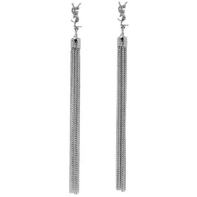 Saint Laurent Loulou Chain Tassel Earrings In Silver