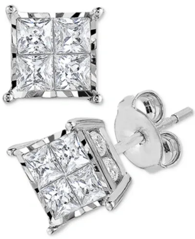 Trumiracle Diamond Princess Cluster Stud Earrings (1 Ct. T.w.) In 14k White, Yellow Or Rose Gold In White Gold