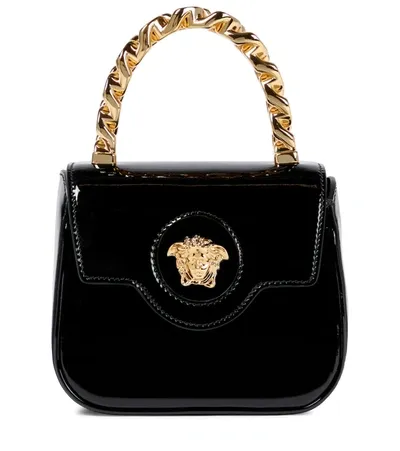 Versace La Medusa Mini Leather Tote In Black- Gold