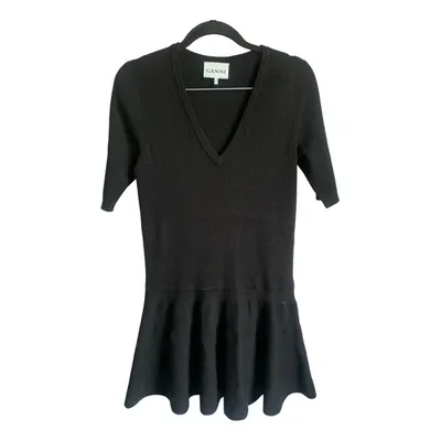 Pre-owned Ganni Wool Mini Dress In Black