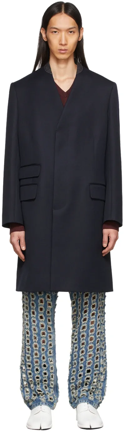 Maison Margiela Black Single-breasted Wool Coat In Blue