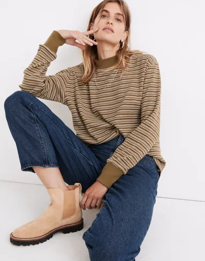 Mw Mockneck Waffle Sweatshirt Tee In Stripe In Classic Olive