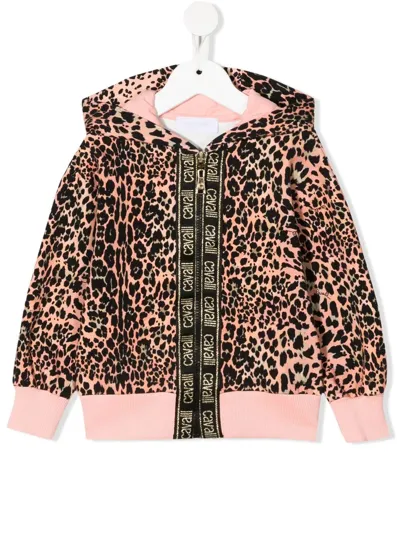 Roberto Cavalli Junior Kids' Leopard-print Logo Tape Hoodie In Pink