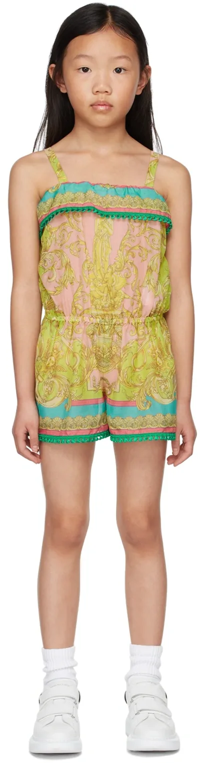 Versace Kids' Barocco Goddess Cotton And Silk Playsuit In Neutral