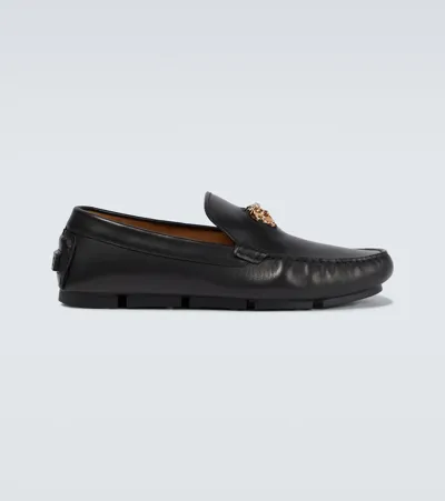 Versace La Medusa Leather Loafers In Black