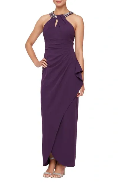 Sl Fashions Crystal Embellished Halter Neck Sleeveless Tulip Maxi Dress In Summer Plum