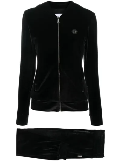 Philipp Plein Logo-embellished Velvet Tracksuit In Black