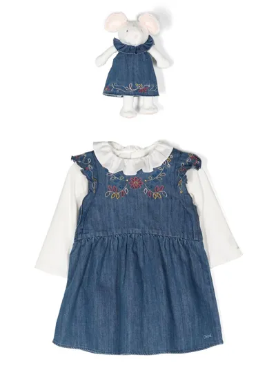 Chloé Babies' Denim Dress And Toy Set In Blue