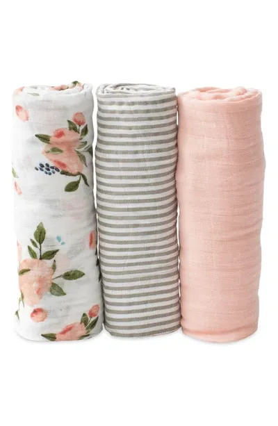 Little Unicorn Kids' Watercolor Roses Cotton Muslin 3-pack Swaddle Blanket Set In Watercolor Roses,grey Stripe And Rose P