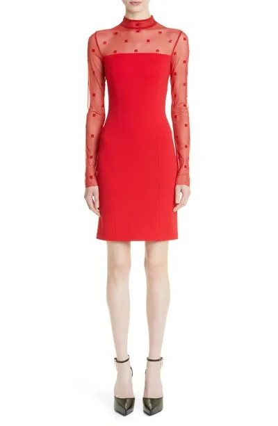 Givenchy 4g Mixed Media Long Sleeve Mock Neck Dress In Vermillion