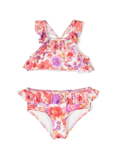 Zimmermann Kids' Girl's Raie Floral-print Frill Two-piece Swimsuit In Red/purple Floral