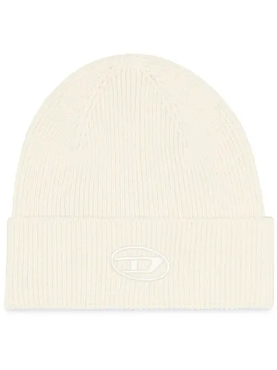 Diesel Ribbed Beanie With D Embroidery In White