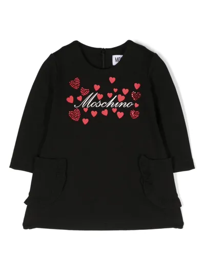 Moschino Babies' Logo-print Rhinestone-embellished Dress In Black