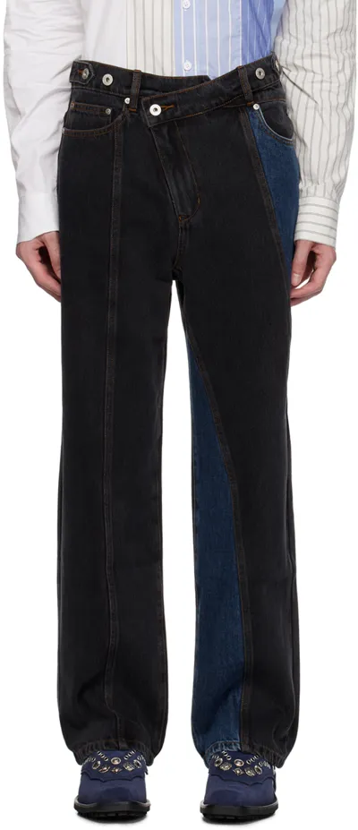 Feng Chen Wang Black Irregular Waistband Jeans In Black/blue