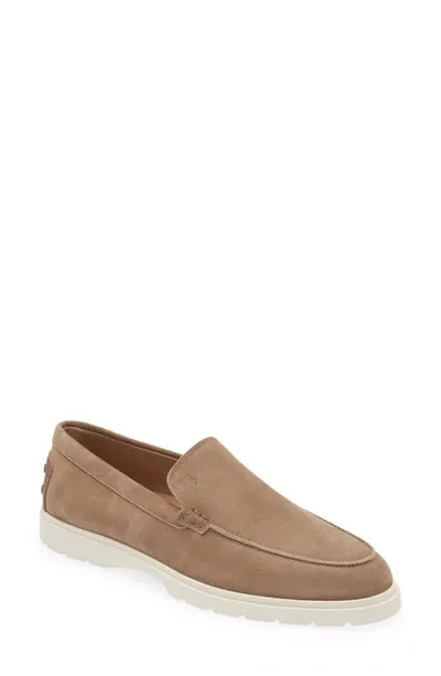 Tod's Logo Embossed Suede Loafers In Beige