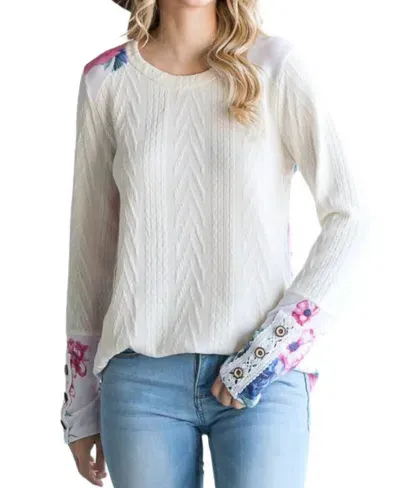 7th Ray Cable Knit Button Long Sleeve Top In White In Beige