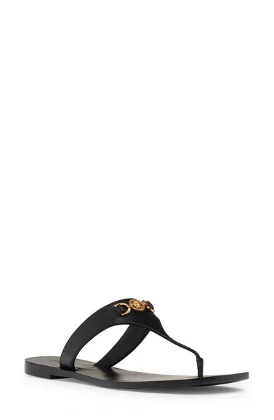 Versace Medusa Leather Flat Thong Sandals In Black- Gold