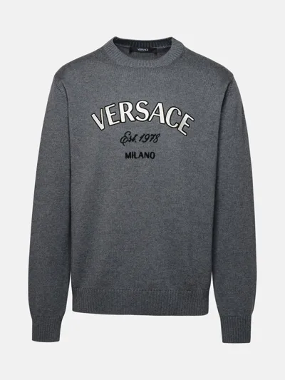 Versace Logo Embroidered Virgin Wool Jumper In Gray