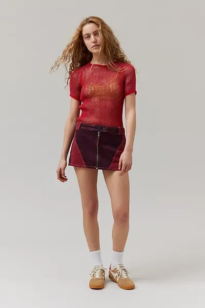 Bdg Suki Racer Moto Denim Micro Mini Skirt In Red, Women's At Urban Outfitters