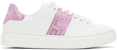 Versace Greca Crystal-embellished Leather Sneakers In White + Pink