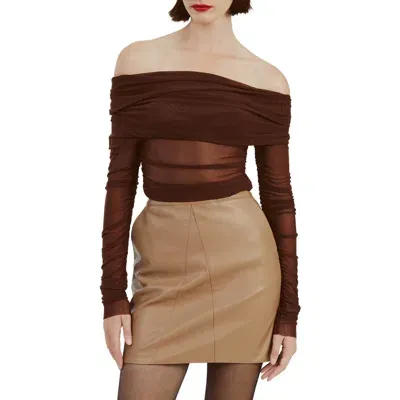 Bardot Camelia Off The Shoulder Mesh Top In Chocolate