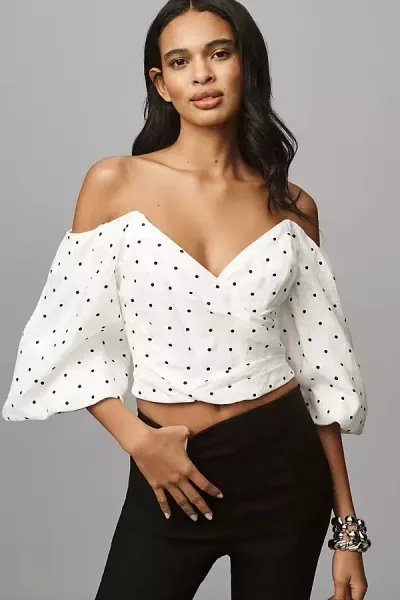 Bardot Eva V-neck Puff-sleeve Top In White