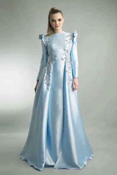 Basix Black Label Long Sleeve A-line Gown With Ruffled Shoulders (us 16) In Blue