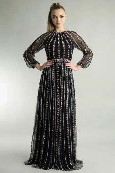 Basix Black Label Long Sleeve Crystal And Pearl Gown (us 18) In Black