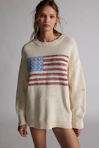 Bdg American Flag Crew Neck Sweater In White, Women's At Urban Outfitters