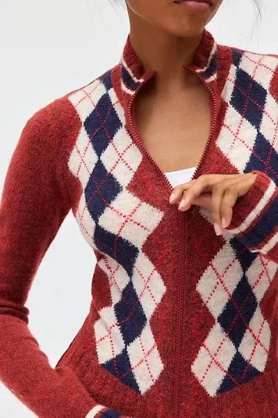 Bdg Clarke Argyle Zip-up Sweater In Red, Women's At Urban Outfitters