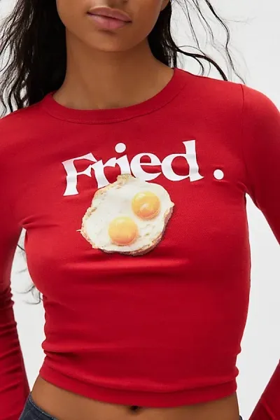 Bdg Fried Egg Graphic Too Perfect Long Sleeve Tee In Red, Women's At Urban Outfitters