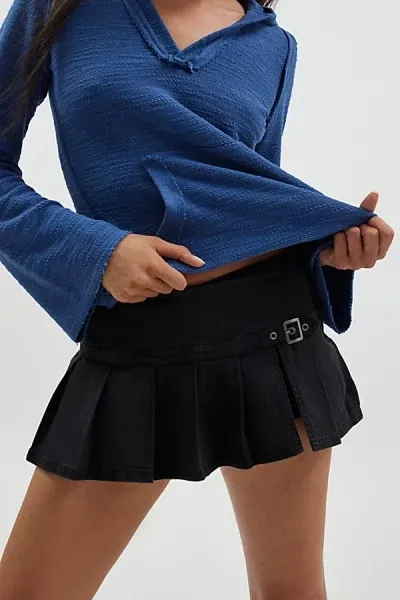 Bdg Shaina Belted Denim Micro Mini Skort In Black, Women's At Urban Outfitters