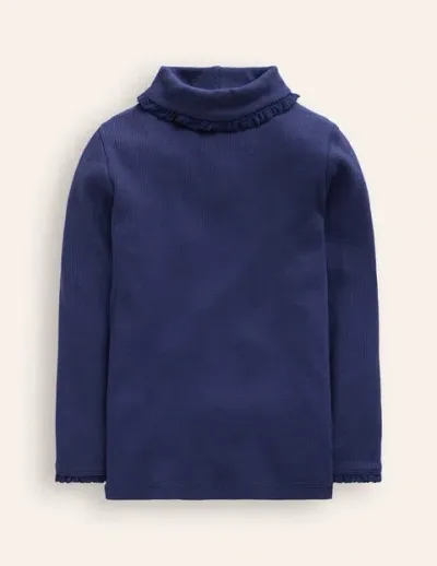 Boden Kids' Ribbed Lace Trim Roll Neck College Navy Girls  In Blue