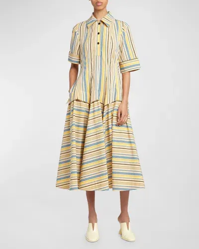 Bottega Veneta Optical Crinkle Check Short-sleeve Midi Shirtdress In Yellow/blue/black