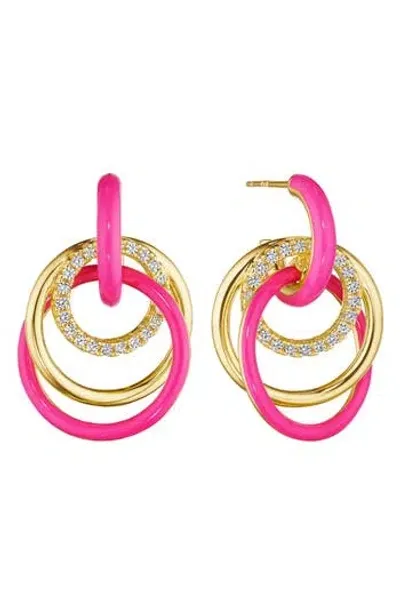 Bright Fuchsia 18k Gold Plate Sterling Silver Enamel & Sapphire Ring Drop Earrings