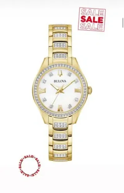 Pre-owned Bulova Authentic  Women's Crystal Gold-tone Stainless Steel Bracelet Watch 29mm