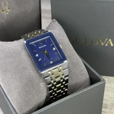 Pre-owned Bulova New✅  Quadra Diamond Date Blue Dial Rectangle Two Tone Men's Watch 98d154