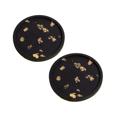 By Shax Black Round Panther Gold Flake Coaster Tray - Pair