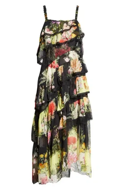 Camilla Asymmetric Spliced Lace Floral Tiered Cotton & Silk Maxi Dress In Adorned In Alexandria