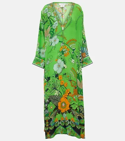 Camilla Printed Silk Kaftan In Green