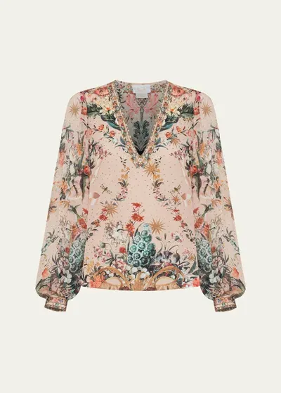 Camilla Silk V-neck Blouson-sleeve Blouse In Rose Garden Revol