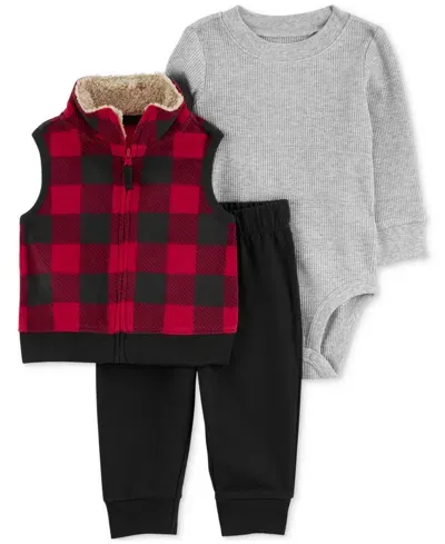 Carter's Baby Boys Buffalo Check Fleece Little Vest, Bodysuit & Pants, 3 Piece Set In Red,black