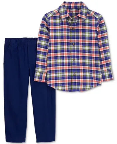 Carter's Babies' Toddler Boys Cotton Plaid Button-down Shirt & Pants, 2 Piece Set In Navy,orange