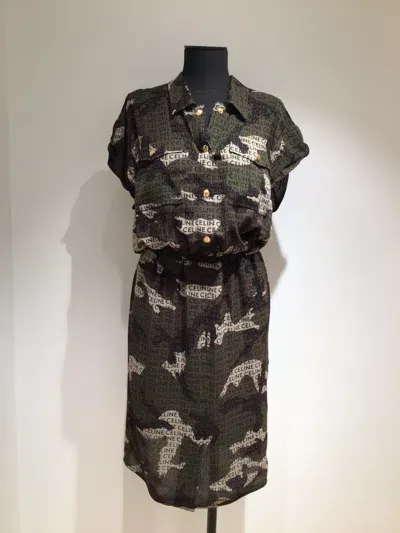 Celine Green Camouflage Print Silk Shirtdress For Women