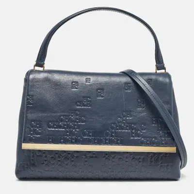 Ch Carolina Herrera Navy Monogram Embossed Leather Flap Top Handle Bag In Blue