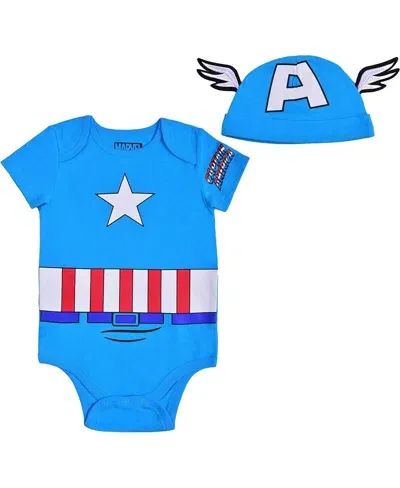 Children's Apparel Network Captain America Baby Boys And Girls Blue Bodysuit And Hat Set